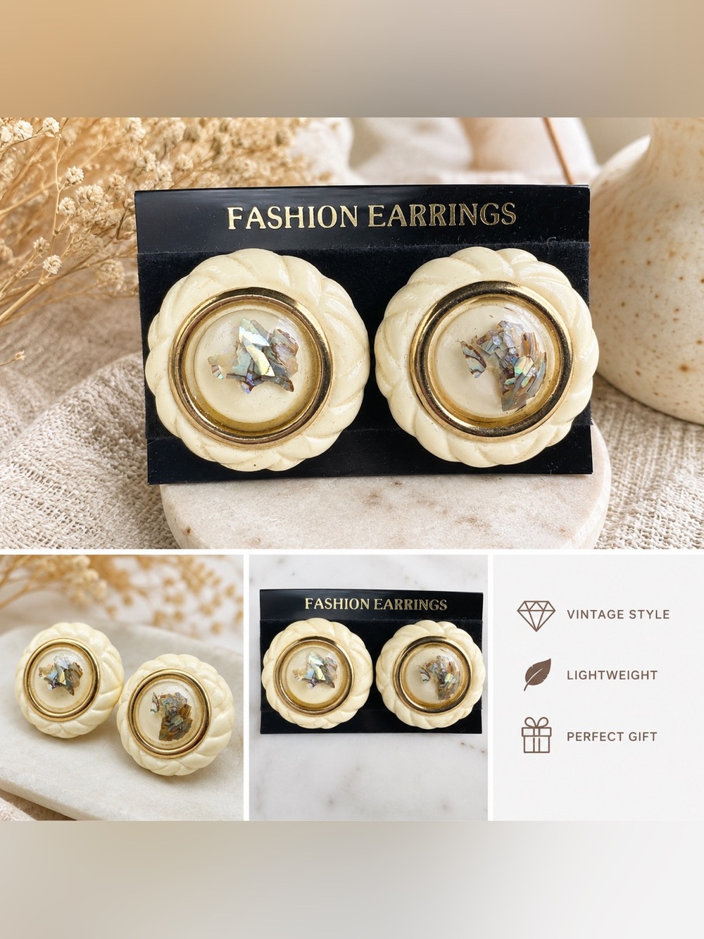 5/25 ✨✨ Vintage Cream Button Earrings with Gold Trim